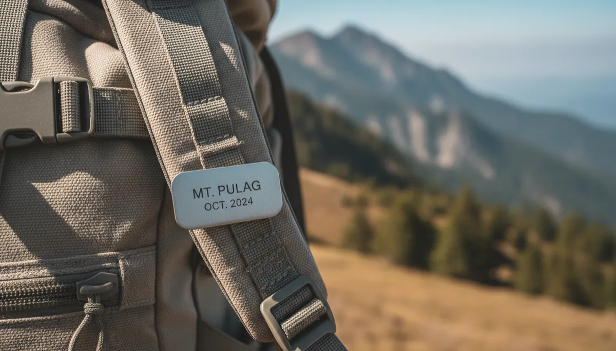 Close-up of a personalized mountain bag tag with a Philippine summit name and date attached to a hiking backpack strap Close-up of a personalized mountain bag tag with a Philippine summit name and date attached to a hiking backpack strap