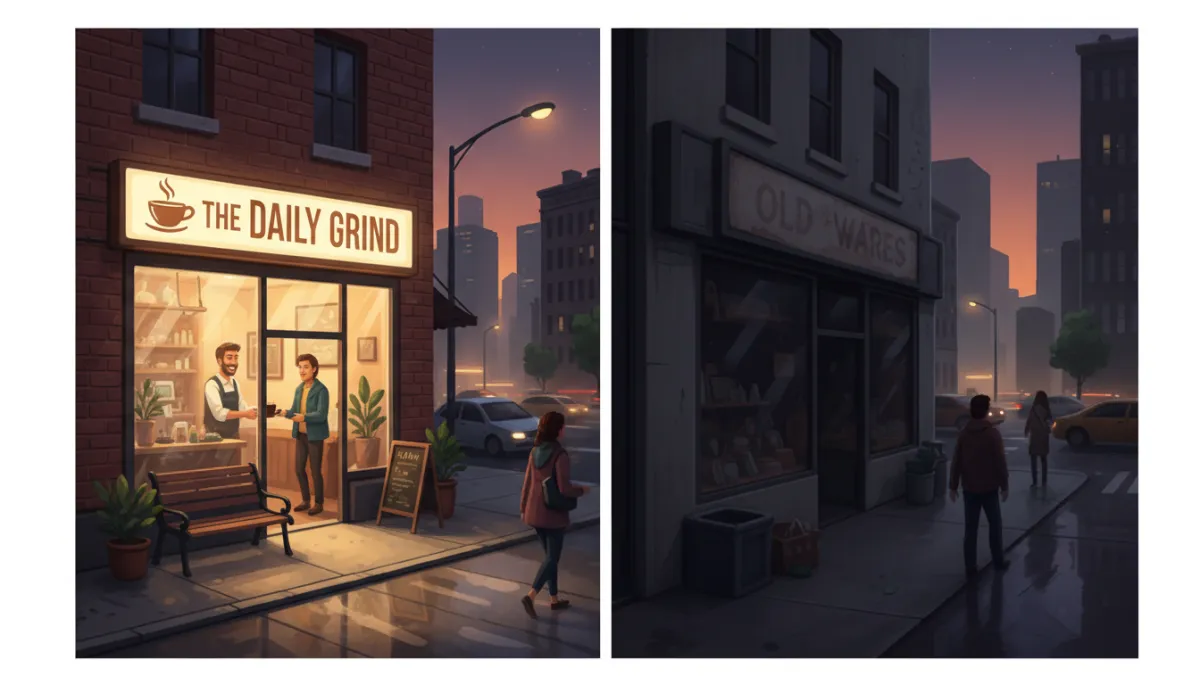 A split-scene on a busy city street showing one bright, clearly signed local storefront that stands out, and one dimly lit, poorly marked storefront that blends into the background; warm, approachable, editorial photorealistic style