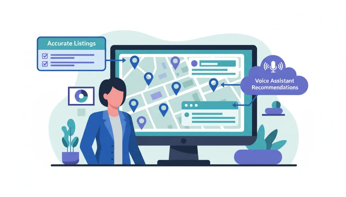 Business owner reviewing AI-powered local search results influenced by accurate listings Business owner reviewing AI-powered local search results influenced by accurate listings