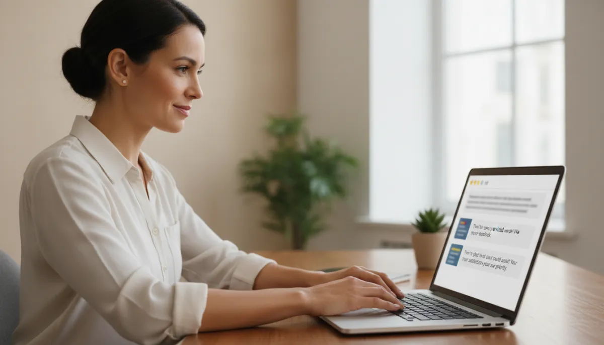 Service business owner replying to customer reviews on a laptop in a professional neutral-toned office