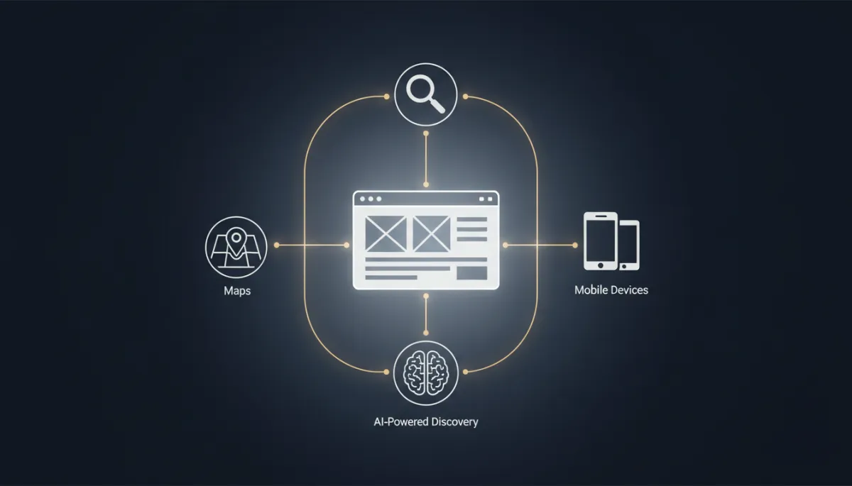 Cover image representing website SEO for small and local service businesses, with a business website connected to search, maps, mobile devices, and AI-powered discovery in GenM Online brand colors Cover image representing website SEO for small and local service businesses, with a business website connected to search, maps, mobile devices, and AI-powered discovery in GenM Online brand colors