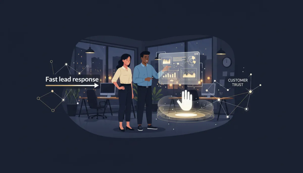 A polished visual (dark navy, soft white, muted gold) showing AI tools supporting human oversight in a local business setting. Illustrate the connection between AI and human judgment, customer trust, fast lead response, and business visibility. Show AI as a supportive layer, not replacing human decision-making, empathy, or privacy. The scene should feel trustworthy and business-driven, with no cartoon or robot imagery.