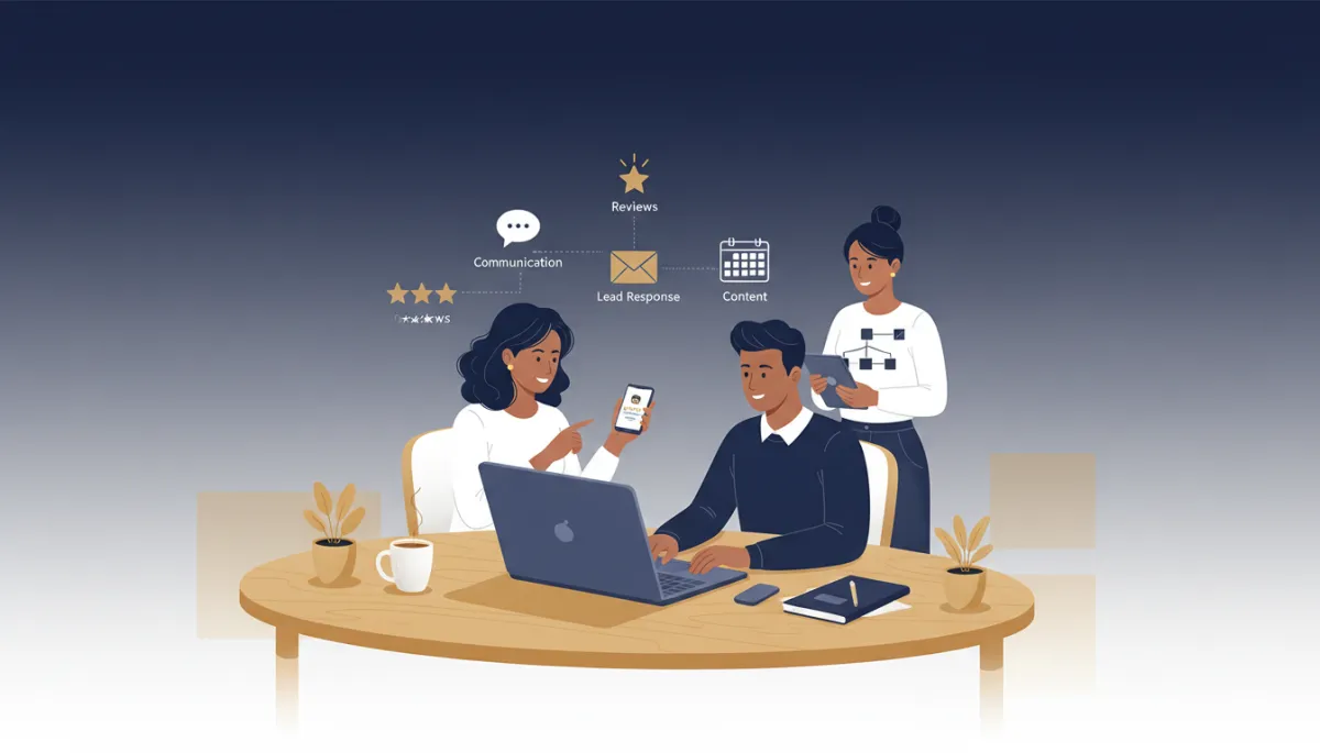 A modern, professional cover image in GenM Online brand colors (dark navy, soft white, muted gold) showing a local service business owner or small team using connected digital tools on a laptop and smartphone. The scene should include elements of communication, reviews, lead response, content, and workflow support, with a clean, organized workspace. The visual should feel practical and helpful, not futuristic or robotic.