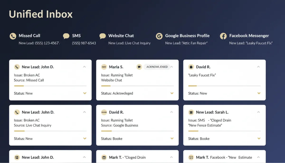 Unified inbox organizing local business leads from phone, text, chat, and social into one fast-response workflow