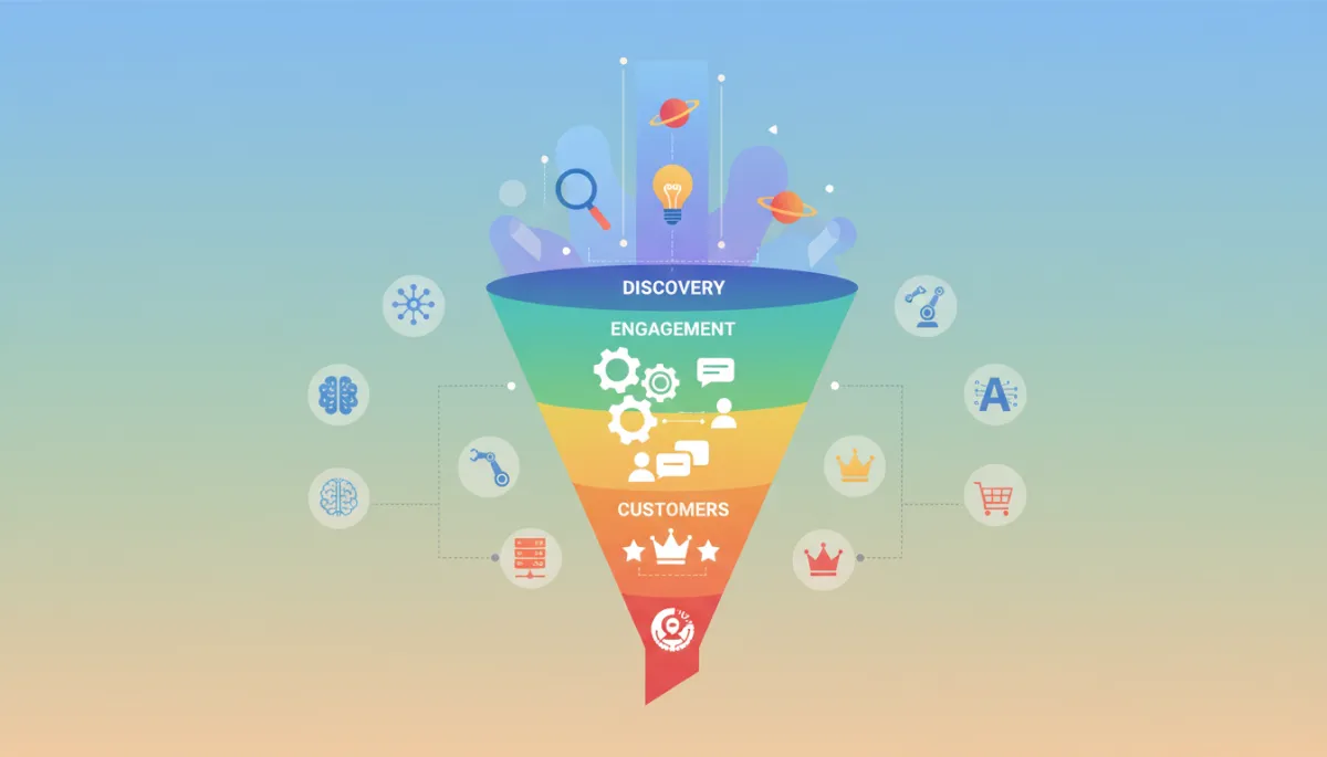 Illustrated funnel connecting discovery, engagement, and customers with AI automation