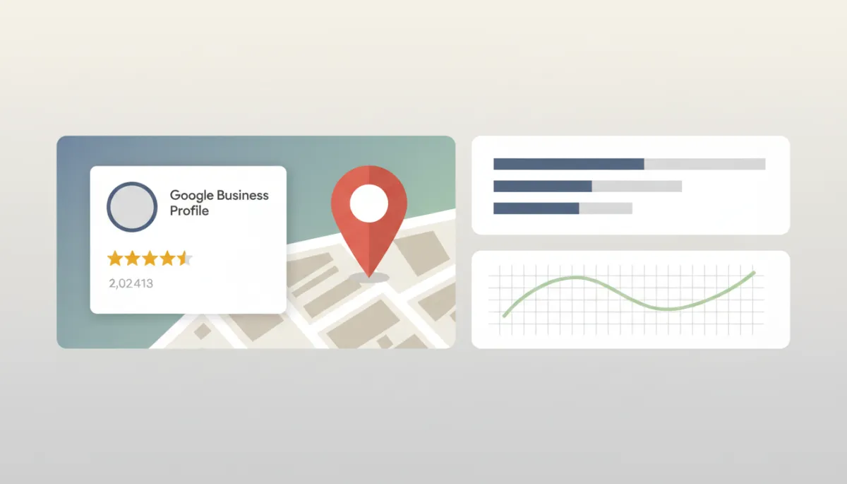 Illustrated dashboard showing an optimized Google Business Profile with reviews and analytics