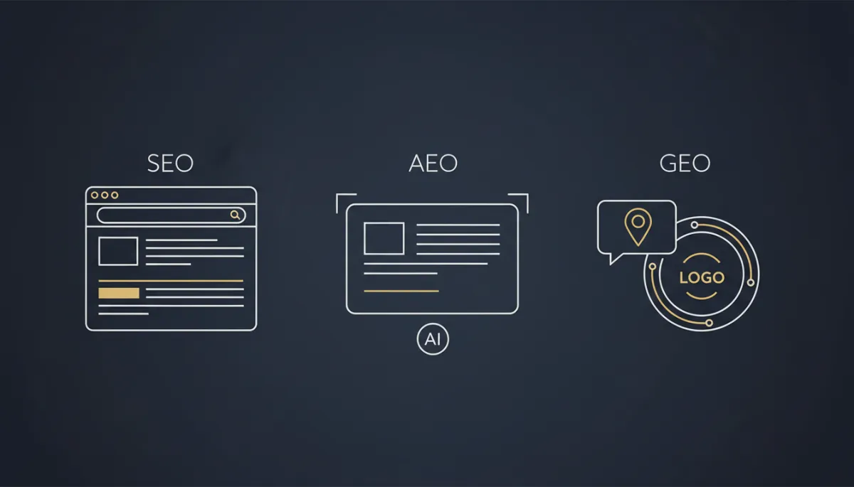Side-by-side comparison of SEO, AEO, and GEO approaches