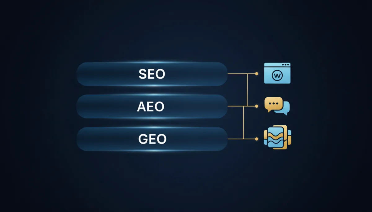 Clean, dark-navy diagram showing three horizontal, glowing stacked layers labeled from top to bottom SEO, AEO, GEO, with thin gold connector lines from each layer pointing to icons for website pages, chat bubbles, and AI summary cards, clearly displaying each label only once