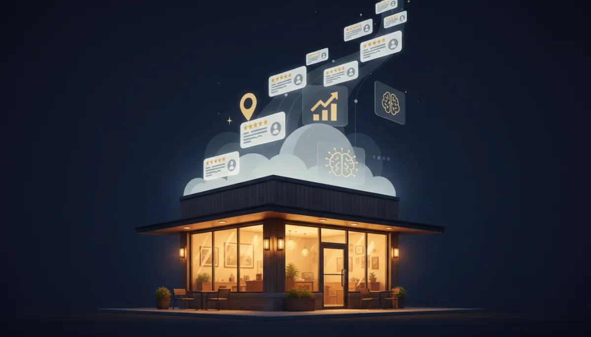 Add relevant visuals or infographics to illustrate key concepts, such as the impact of customer reviews on business visibility. [Brand guidelines: use brand color palette #0f172a, #f5f5f5, #cccccc, #c9b26d, #b39c4a]. Context: This is for a blog post about "How Customer Reviews Power Trust, Visibility, and AI Recommendations for Local Businesses". Style: Professional quality, photorealistic, high resolution