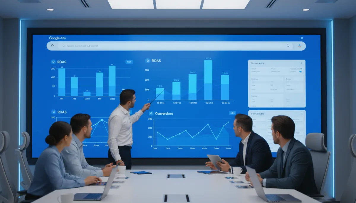 fotorealistinen/professional laaja näkymä analytiikkatiimistä, joka tarkastelee Google Ads- ja GA4-raportteja suurelta sinivalkoiselta näytöltä, graafeja ROASista ja konversioista fotorealistinen/professional laaja näkymä analytiikkatiimistä, joka tarkastelee Google Ads- ja GA4-raportteja suurelta sinivalkoiselta näytöltä, graafeja ROASista ja konversioista