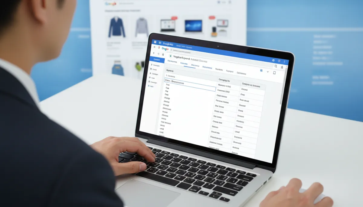 fotorealistinen/professional lähikuva analyytikosta, joka lisää negatiivisia avainsanoja Google Ads -näkymässä kannettavalla tietokoneella, sinivalkoinen käyttöliittymä ja taustalla verkkokaupan tuotekuvia fotorealistinen/professional lähikuva analyytikosta, joka lisää negatiivisia avainsanoja Google Ads -näkymässä kannettavalla tietokoneella, sinivalkoinen käyttöliittymä ja taustalla verkkokaupan tuotekuvia