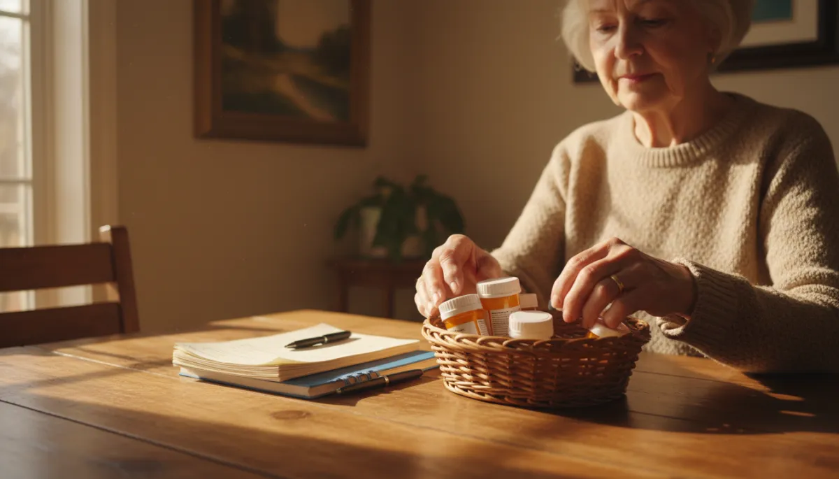 Retiree reviewing prescription medications and medical bills at home Retiree reviewing prescription medications and medical bills at home