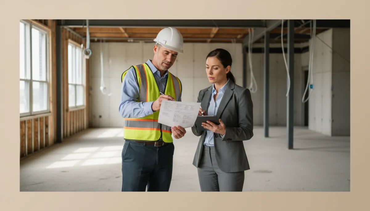 Inspector and business representative reviewing structural items on a disclosure form in a commercial space