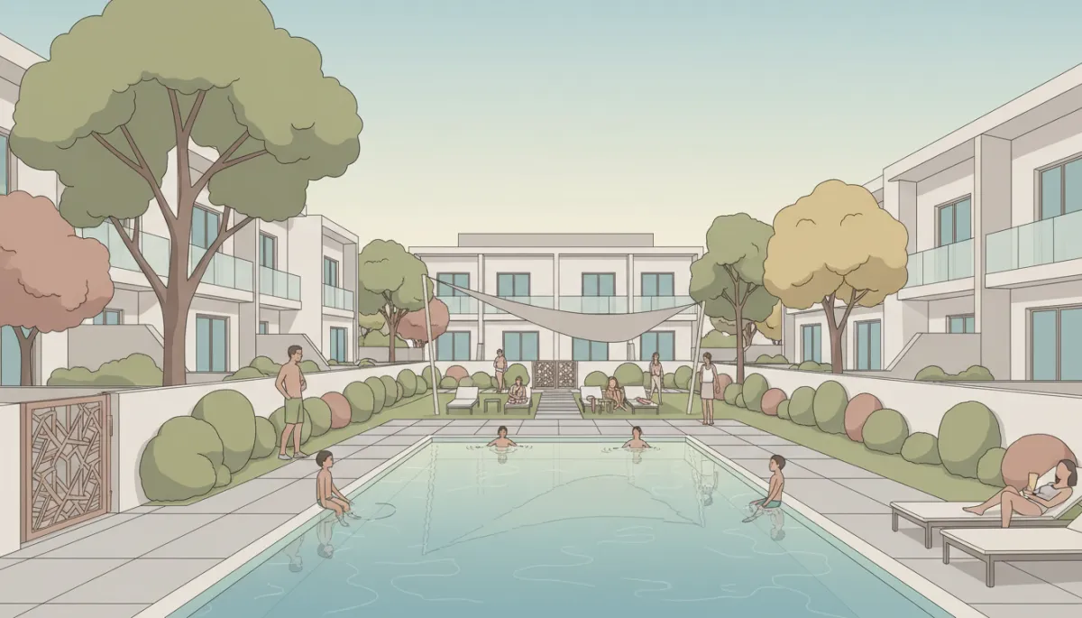 Residents relaxing around a pool and landscaped courtyard in a gated community