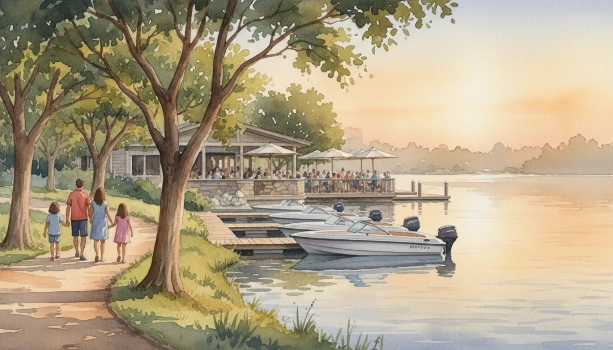 Families walking by Westlake Lake with boats and lakeside dining