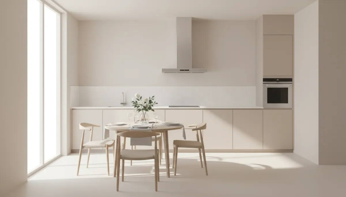 Neutral kitchen and dining area carefully staged for an open house