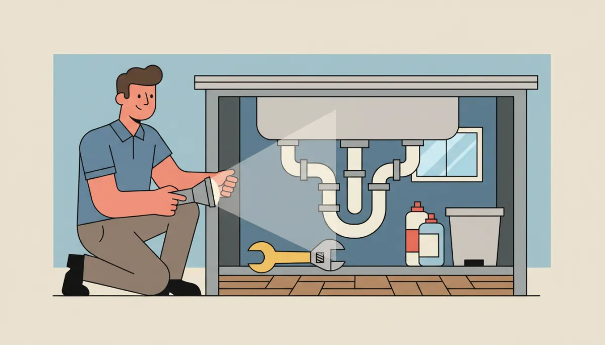 Inspector examining plumbing connections under a kitchen sink Inspector examining plumbing connections under a kitchen sink