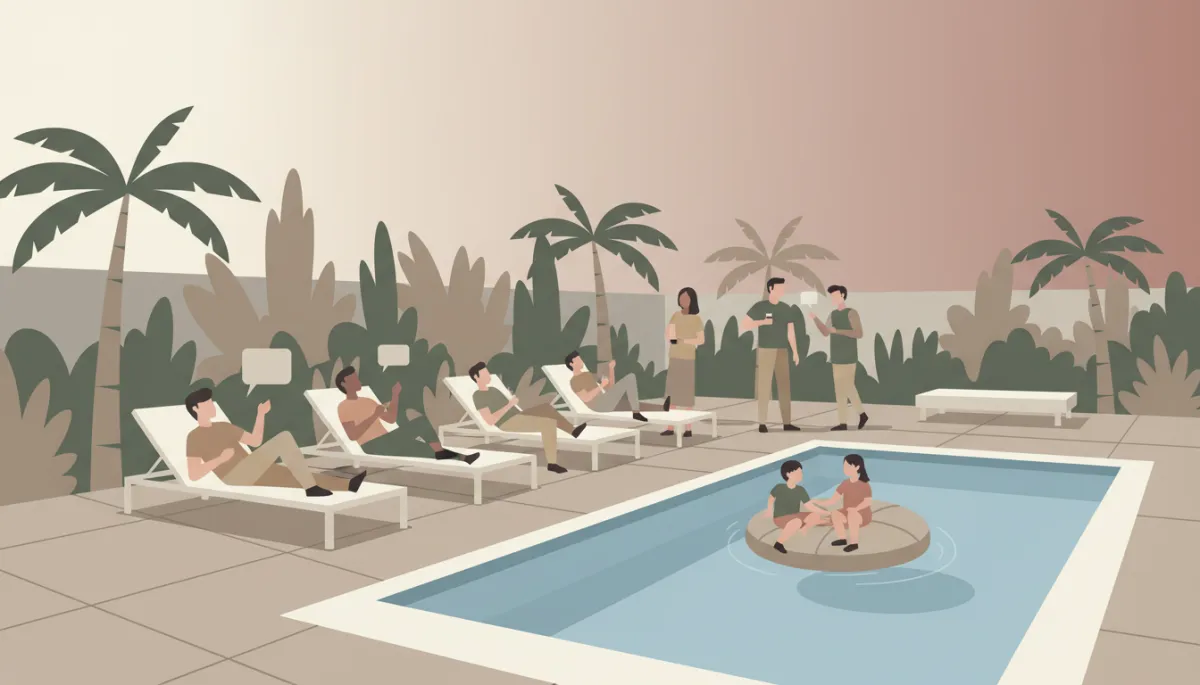 People relaxing and socializing around a backyard pool