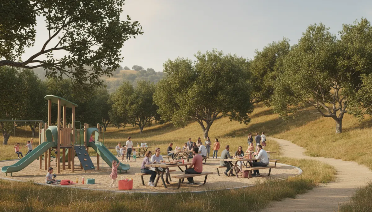 Professional photorealistic view of a community park in Thousand Oaks with a nearby trailhead