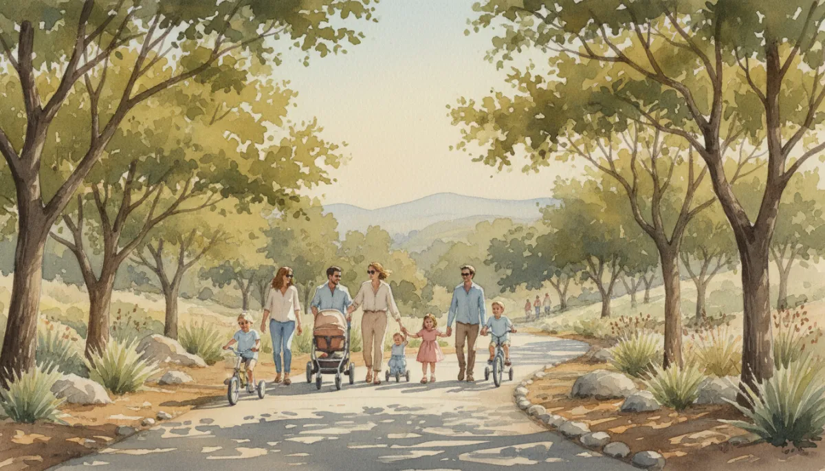 Families enjoying a landscaped walking trail in a Conejo Valley neighborhood