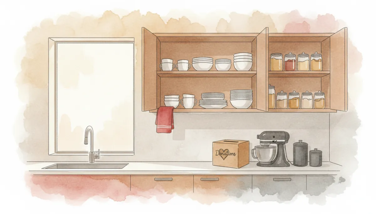 Kitchen cabinets being decluttered with a donation box on the counter
