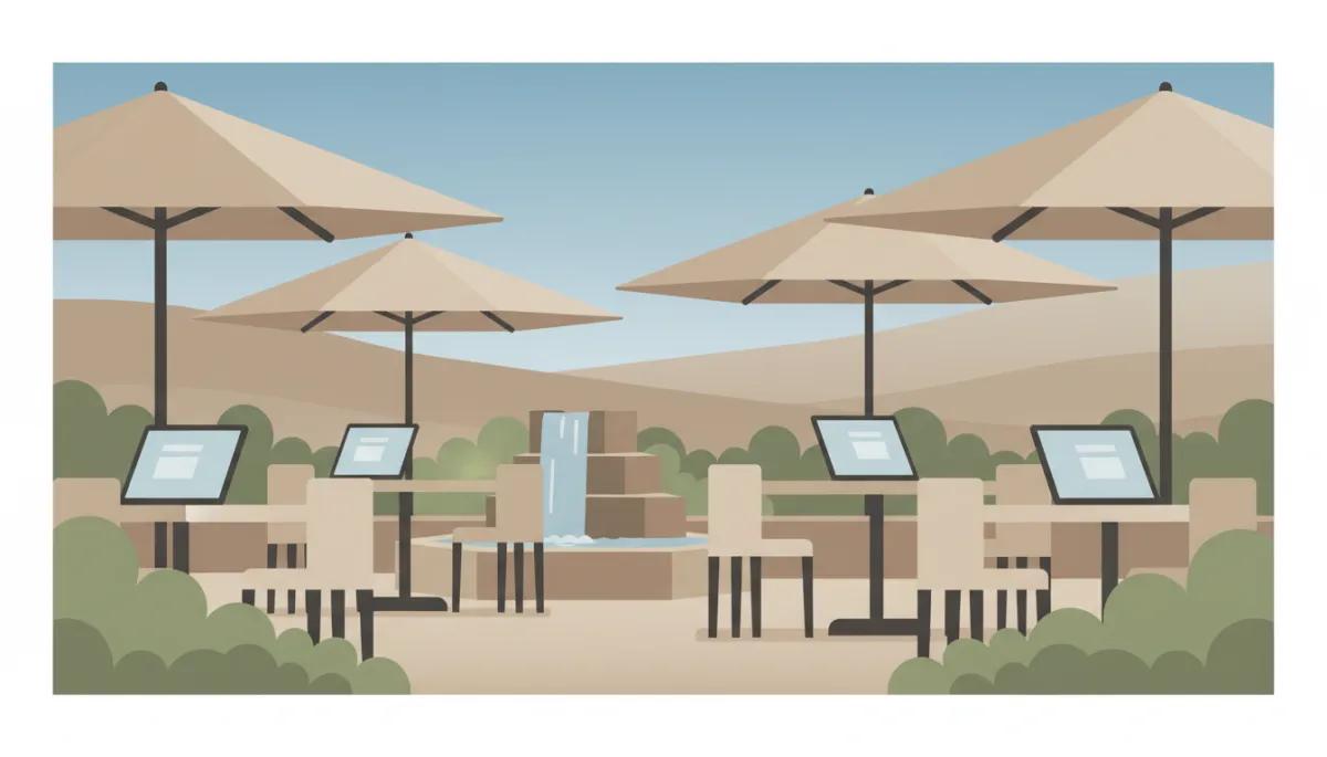 Outdoor patio of a Thousand Oaks coffee shop with people working on laptops Outdoor patio of a Thousand Oaks coffee shop with people working on laptops