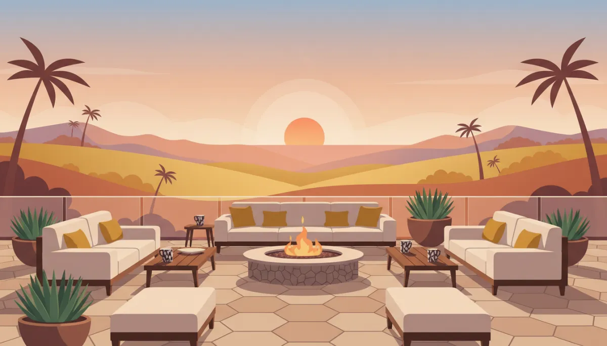 Luxury Thousand Oaks patio with fire pit and hillside views