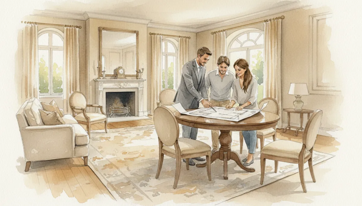 Home buyers reviewing plans inside a large upscale home