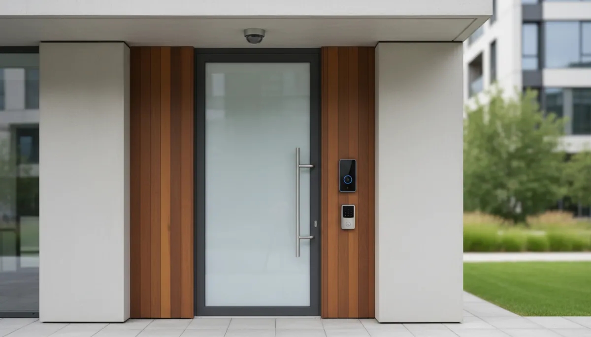 Front door featuring modern smart home security devices in a neutral style