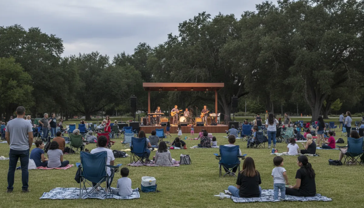 Residents relaxing on the grass during a summer park concert in Thousand Oaks Residents relaxing on the grass during a summer park concert in Thousand Oaks