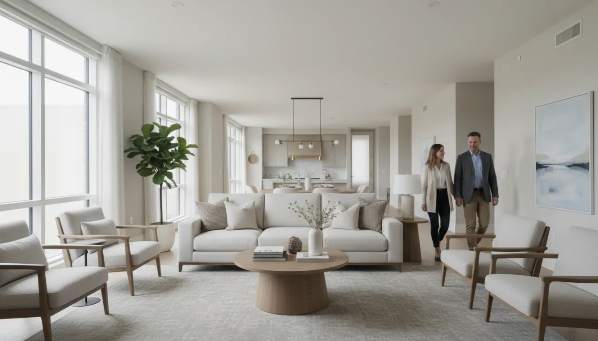 Professionally staged neutral living room being toured during a home showing