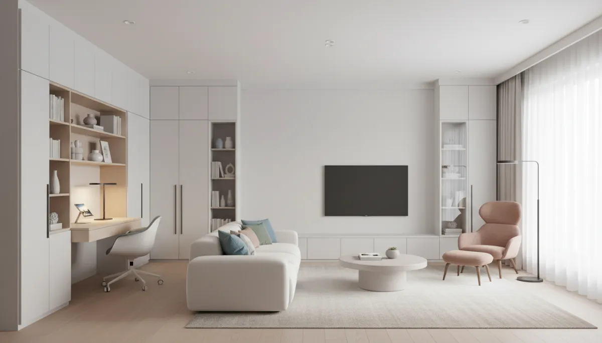 professional neutral home interior showing a well-organized multi-purpose family room with built-in storage, study desk, and cozy seating area, emphasizing smart space optimization