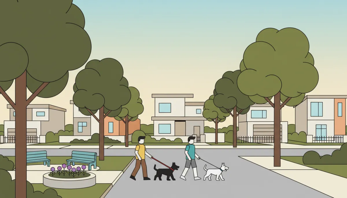 Residential street with mature trees and a small neighborhood park