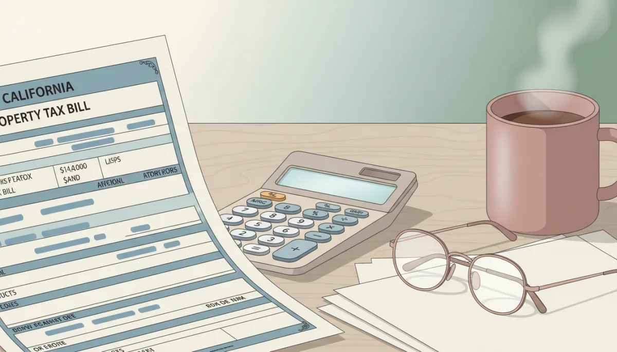 Close-up of a California property tax bill with calculator and glasses Close-up of a California property tax bill with calculator and glasses