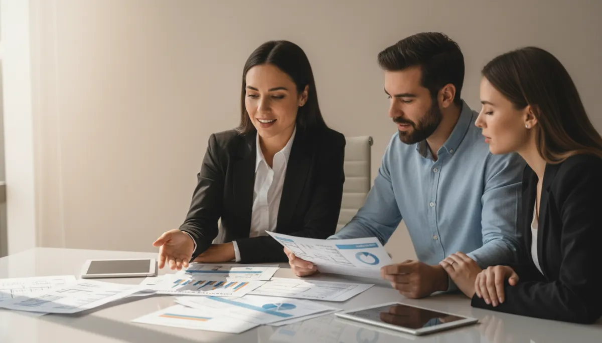 Buyers and agent reviewing solar production data and utility bills