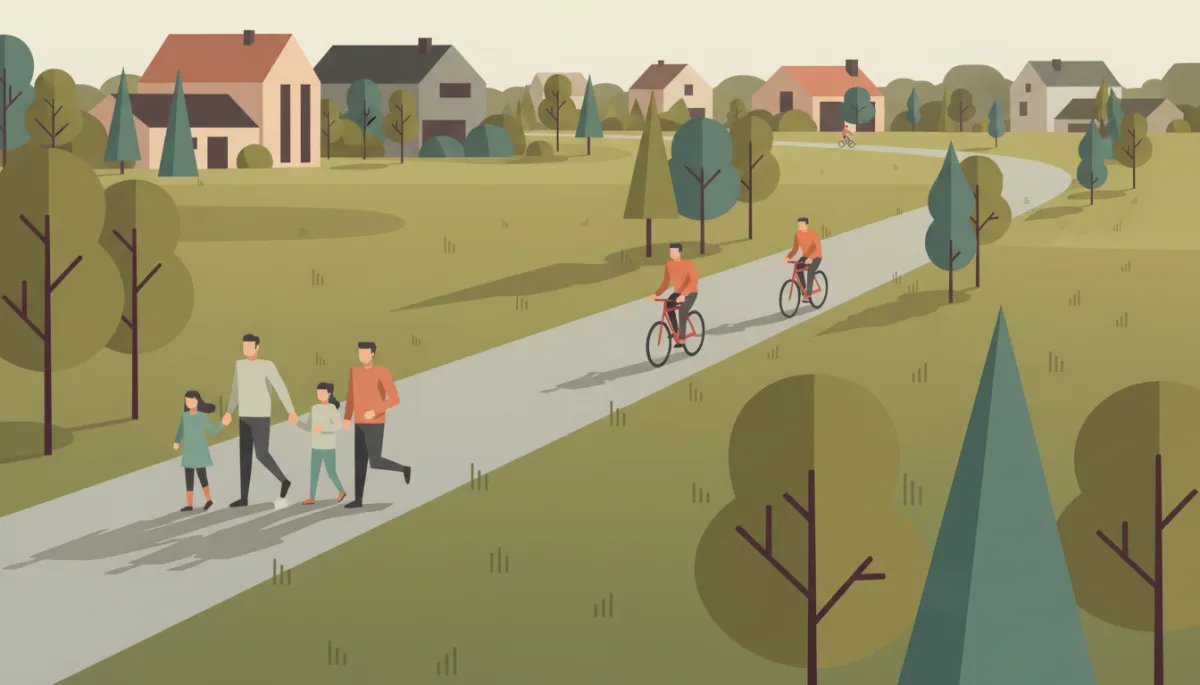People walking and cycling on a tree-lined neighborhood trail People walking and cycling on a tree-lined neighborhood trail