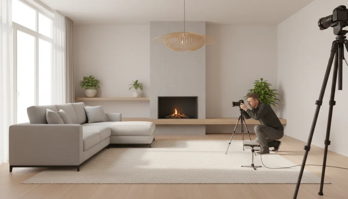 Staged living room being photographed professionally for a real estate listing Staged living room being photographed professionally for a real estate listing