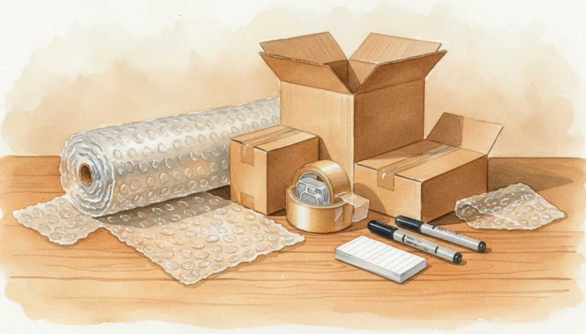 Packing essentials such as boxes, tape, and bubble wrap laid out on a table Packing essentials such as boxes, tape, and bubble wrap laid out on a table