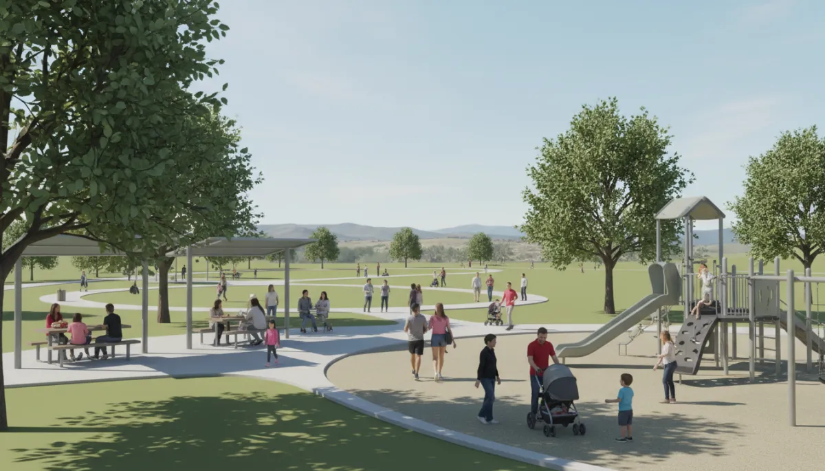 Families enjoying a community park with playground and walking path in Conejo Valley