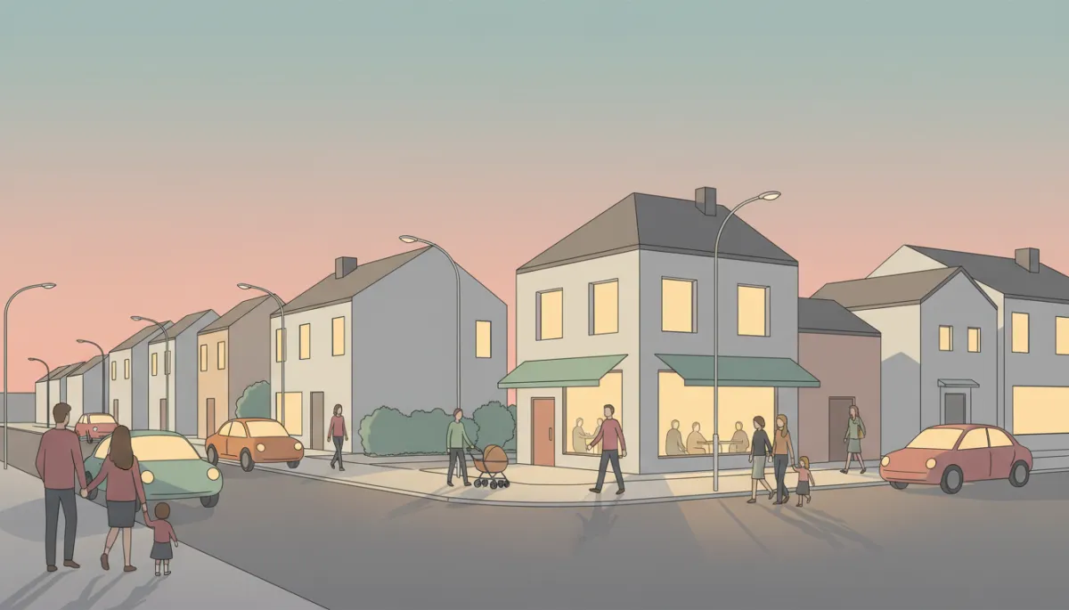 A calm residential street at dusk with people walking and homes lit warmly