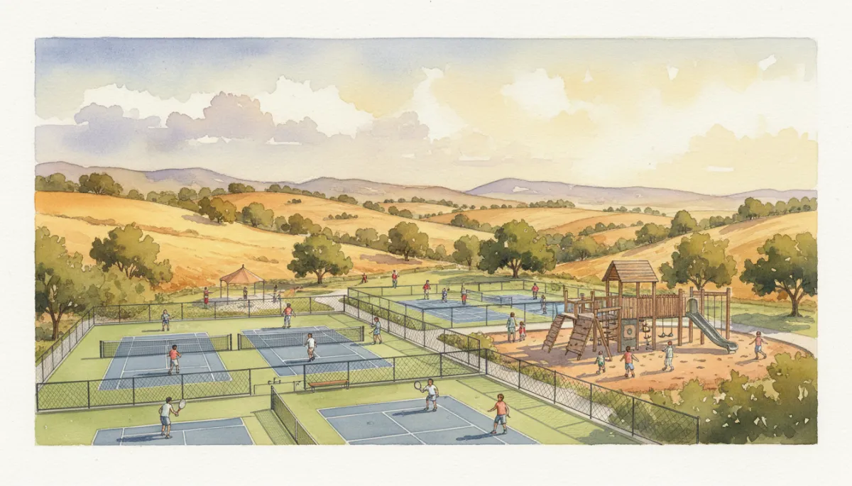Professional view of Rancho Conejo community playfields with sports courts and playground