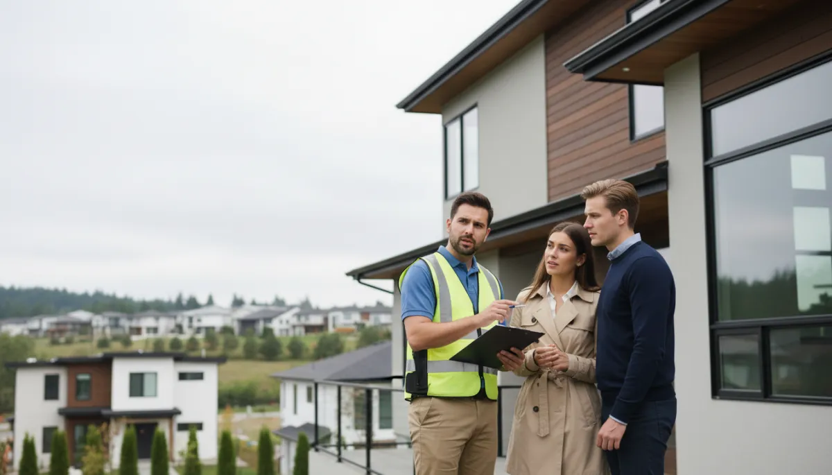 Home inspector reviewing property condition with prospective buyers