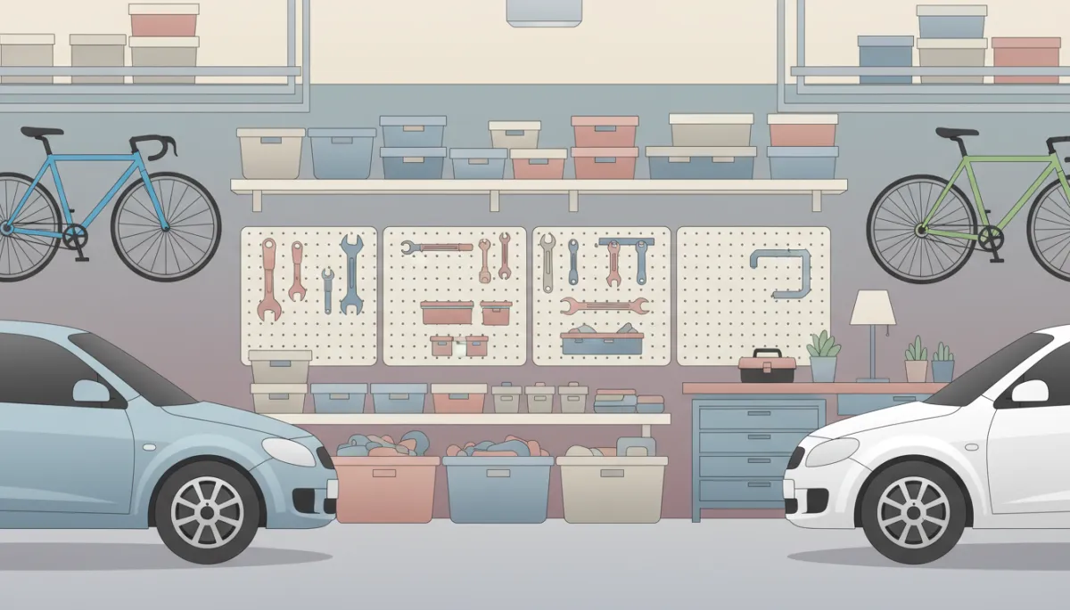 Organized garage interior with storage systems in a professional neutral style Organized garage interior with storage systems in a professional neutral style
