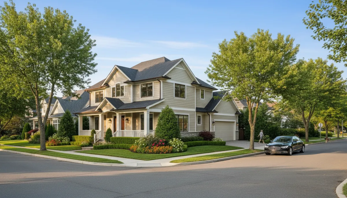Professional photorealistic corner lot home with neat landscaping and side driveway