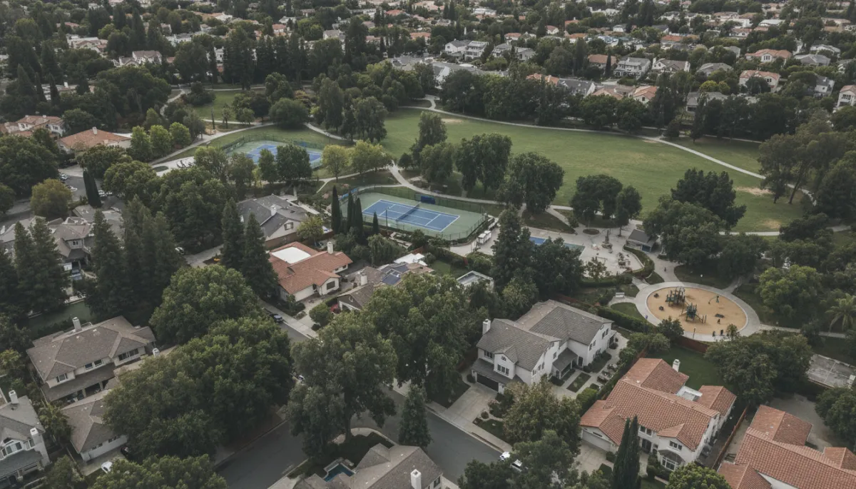 Aerial view of an established residential neighborhood in Thousand Oaks with mature trees Aerial view of an established residential neighborhood in Thousand Oaks with mature trees