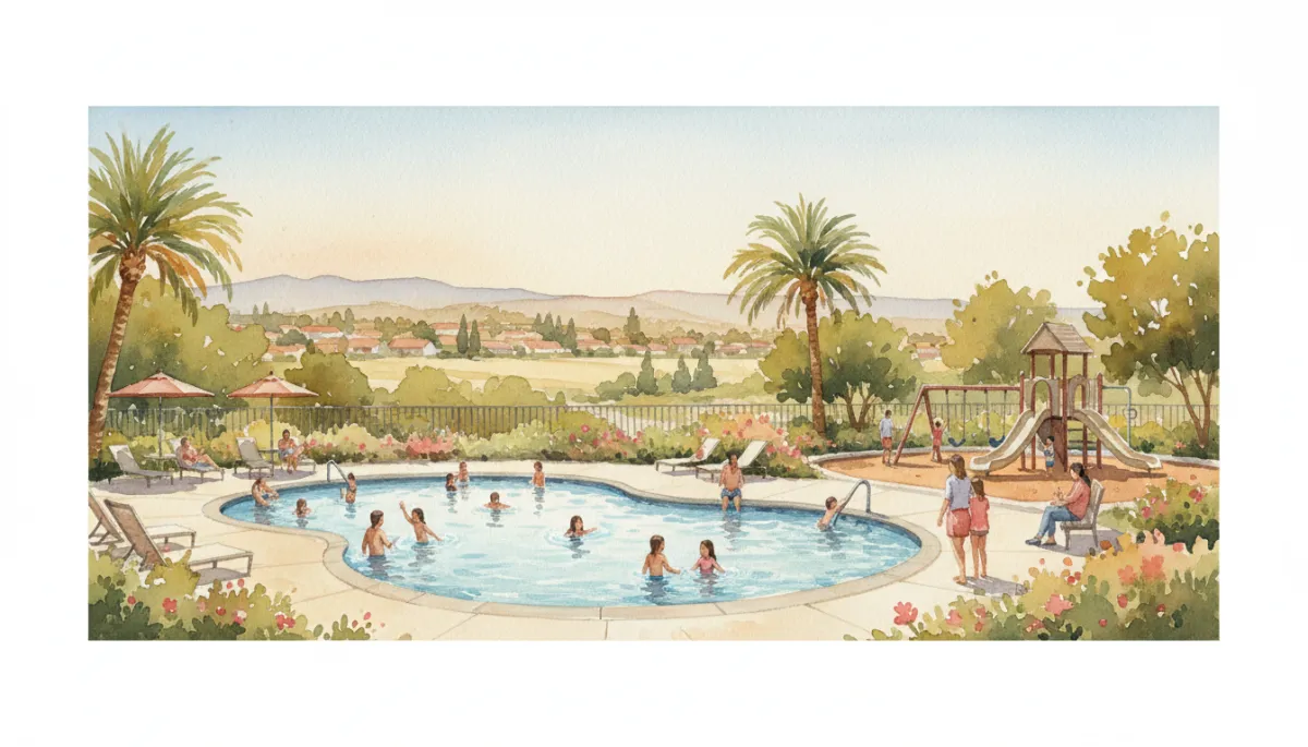 Professional photorealistic view of families enjoying a community pool and playground in Rancho Conejo
