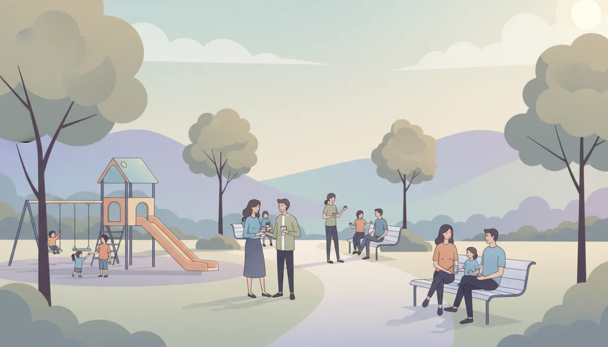 Small neighborhood park with families and neighbors talking