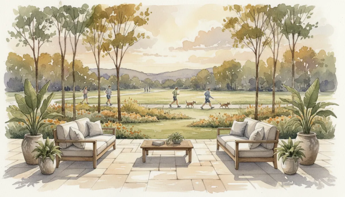 Backyard of a home opening to a greenbelt trail