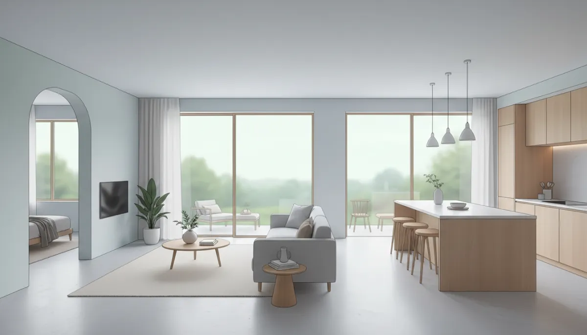 Professional open-concept single-story living space with accessible layout