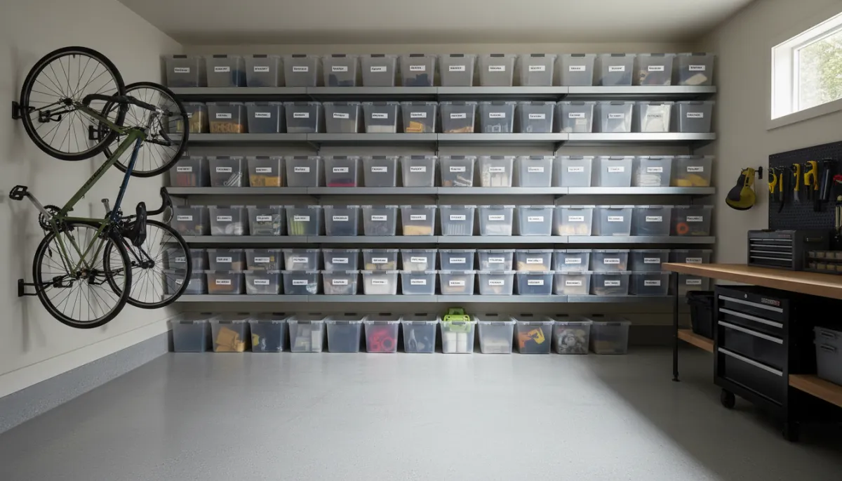 Professional organized garage interior with shelves, bins, and clear parking space Professional organized garage interior with shelves, bins, and clear parking space
